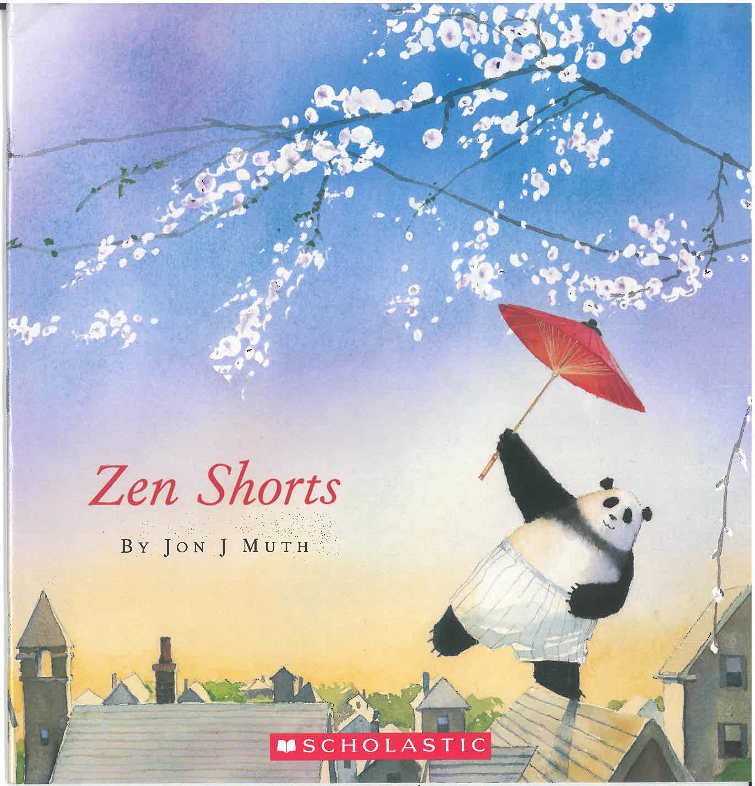 Cover of "Zen Shorts" with a panda carrying an umbrella, walking on a rooftop under cherry blossoms