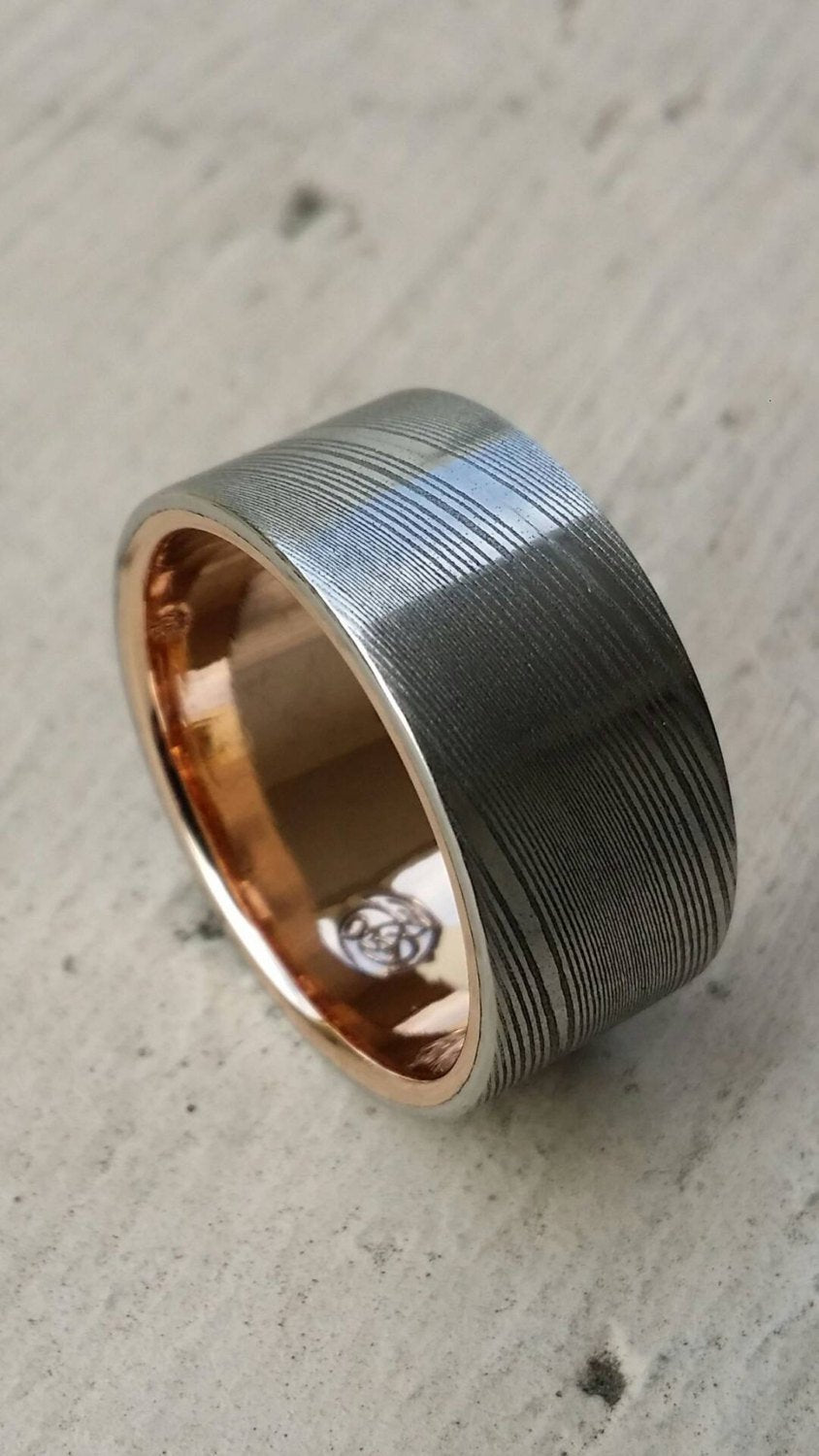Gold lined & Stainless Damascus steel rose 10mm wide