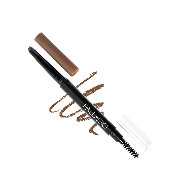 Double-ended Palladio eyebrow pencil and spoolie with sample squiggle behind