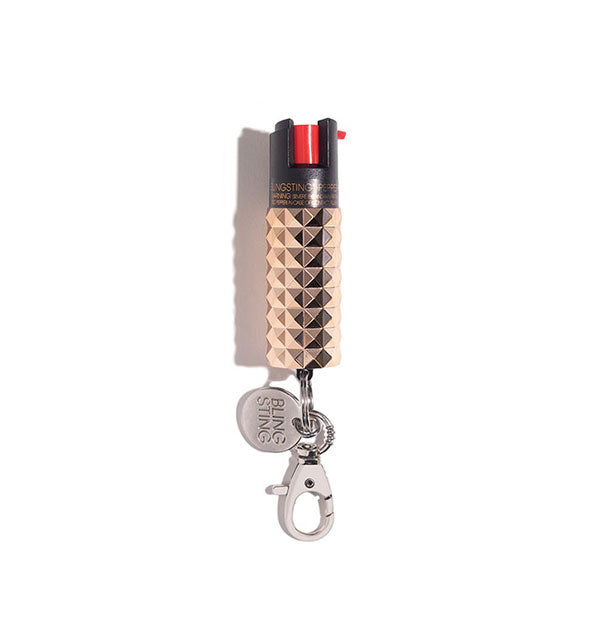 Rose gold studded pepper spray canister with rose gold Blingsting tab and lobster clasp
