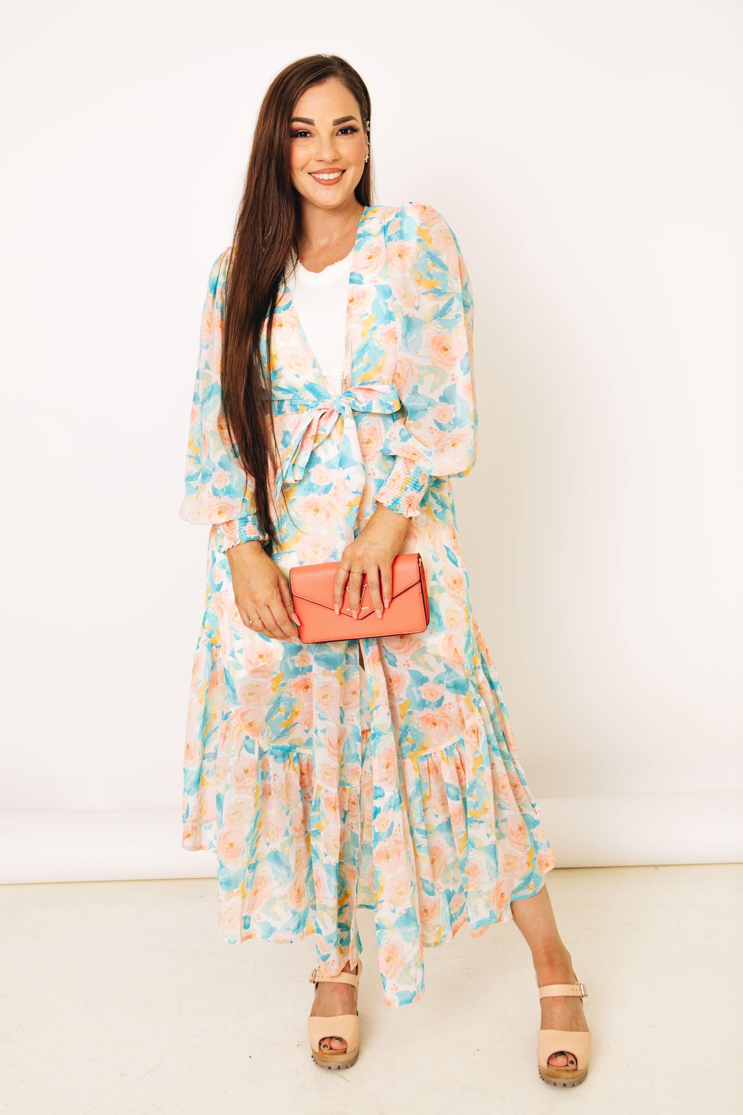 Image of Floral Print Open Front Kimono Featuring Smocked Sleeve Cuffs (S-L)