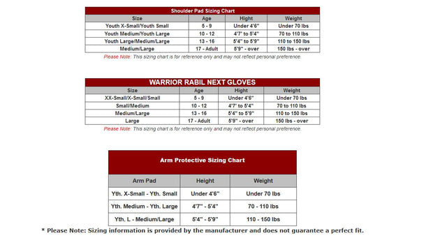 Warrior Shoulder Pad Sizing Chart