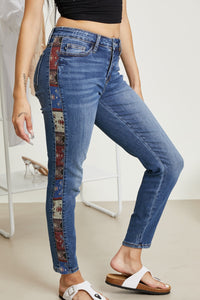 Judy Blue Andie Geometric Print Trim Mid-Rise Relaxed Jeans