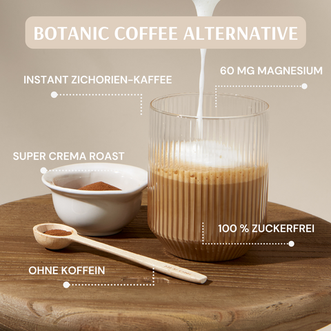HER ONE Botanic Coffee Alternative: Super Crema Roast, ohne Koffein, 100% zuckerfrei, Instant Zichorien-Kaffee, 60 mg Magnesium,