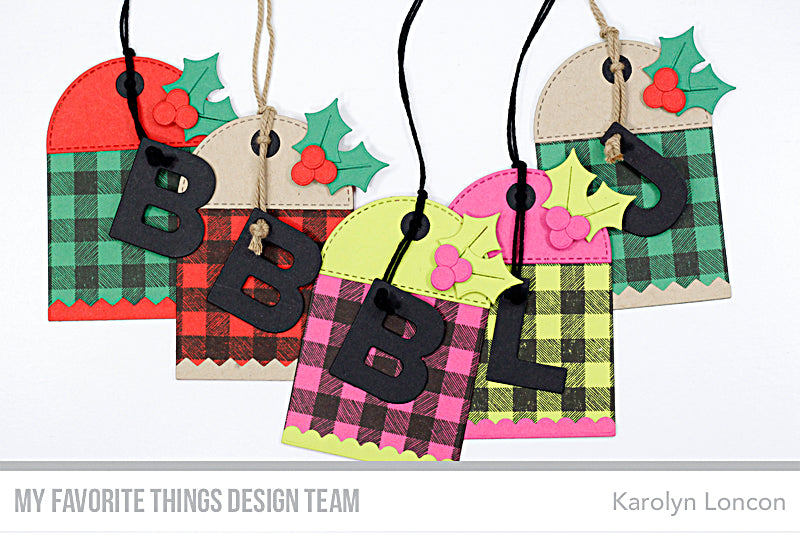 Handmade tags from Karolyn Loncon featuring products from My Favorite Things #mftstamps #christmascrafts