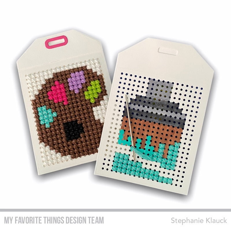 Cross-stitch tags from Stephanie Klauck featuring products from My Favorite Things #mftstamps