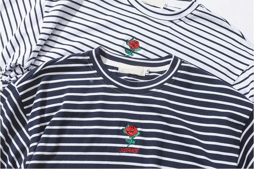 Rose Embroidery Striped Mens T-shirt Short Sleeve