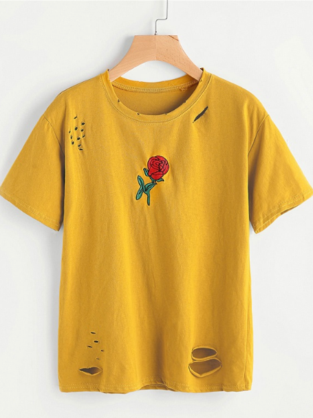 Yellow Rose Embroidered Ripped T-Shirt