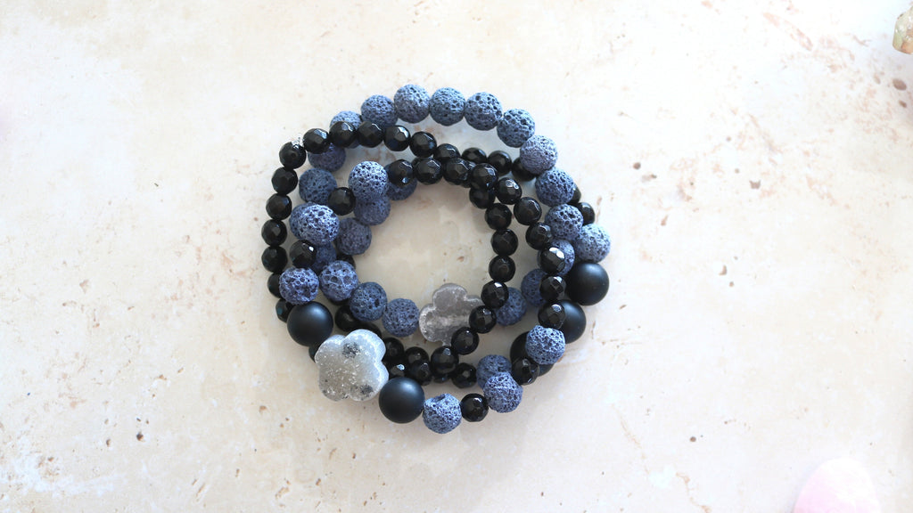 Lava, black onyx and druzy bracelets