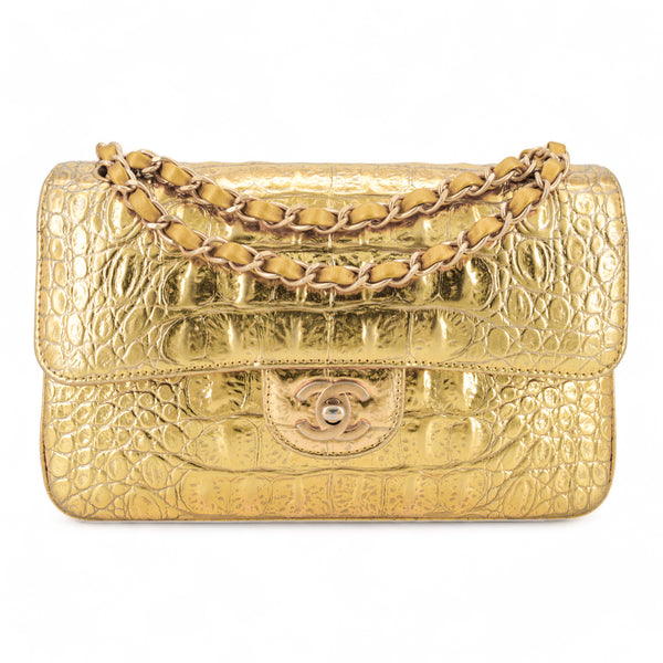 Chanel 19A Egyptian Gold Crocodile Print Rectangular Mini Flap Bag