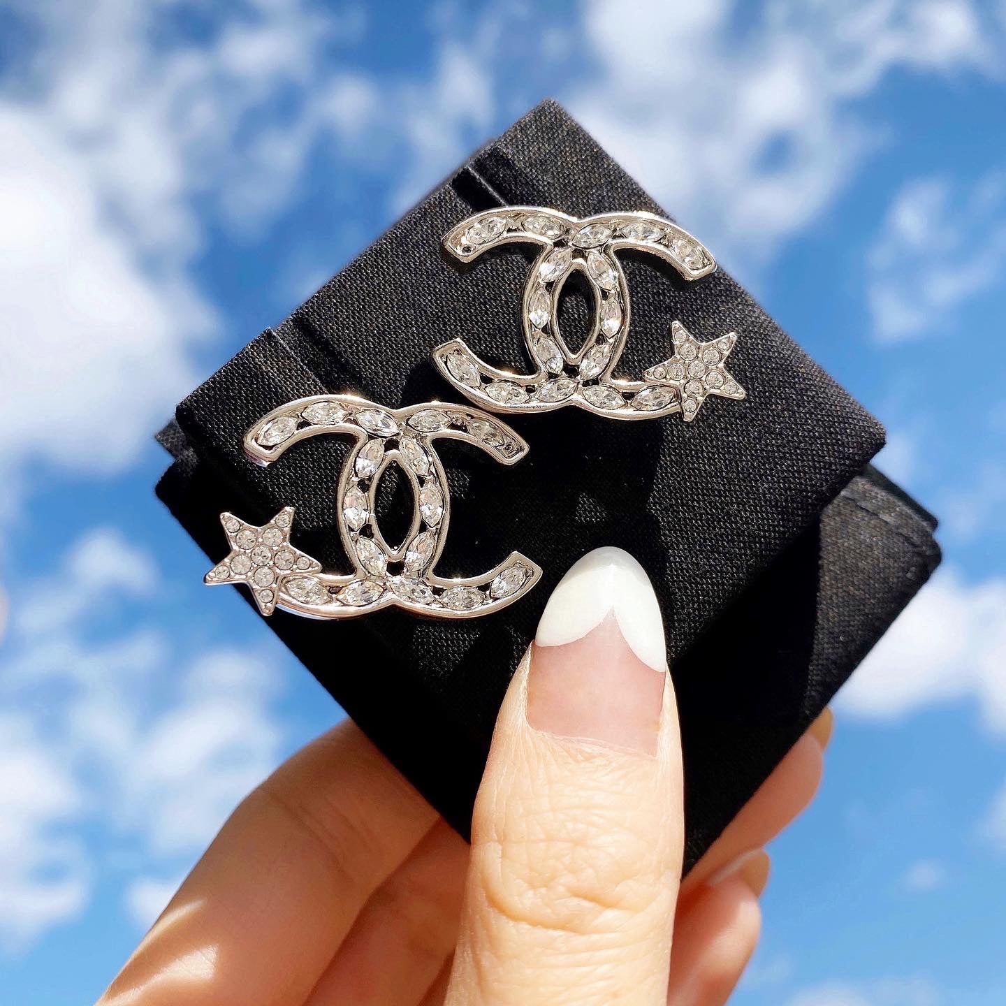CHANEL CC Stud Earrings Silver Metal Black  Crystal PreFall 2014   Chelsea Vintage Couture
