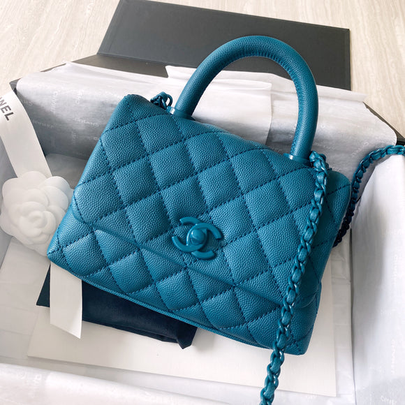 Extra Mini Coco Handle Flap Bag In Turquoise Caviar Dearluxe