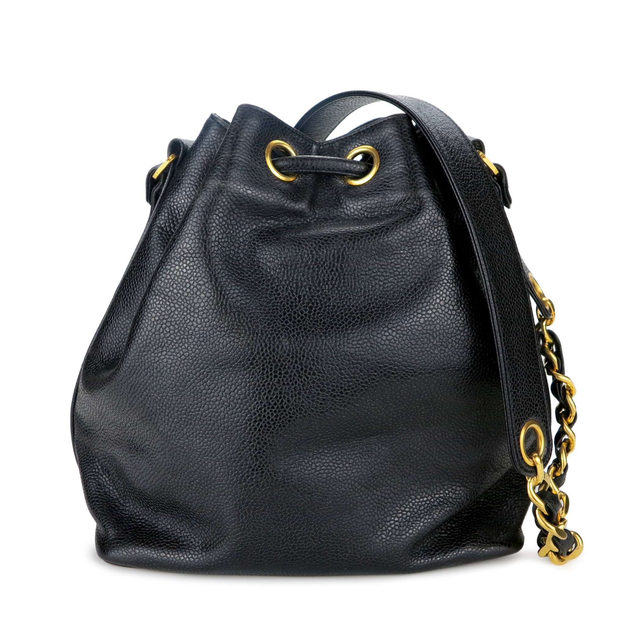 chanel black caviar leather drawstring bucket shoulder bag