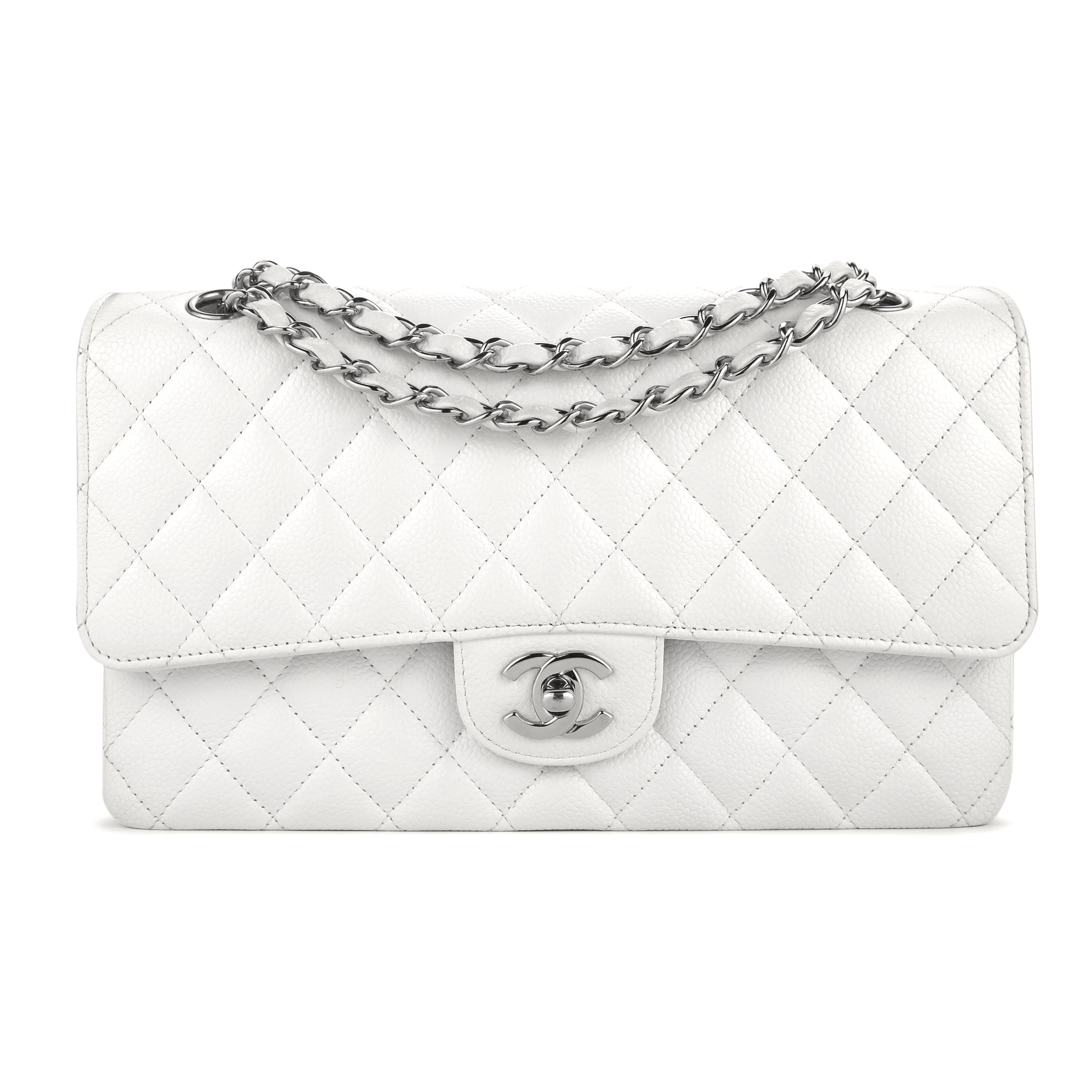 CHANEL Medium Classic Double Flap Bag in White Caviar | Dearluxe