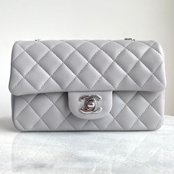 Chanel Classic Mini Square Flap Bag in 22A Grey Lambskin | Dearluxe