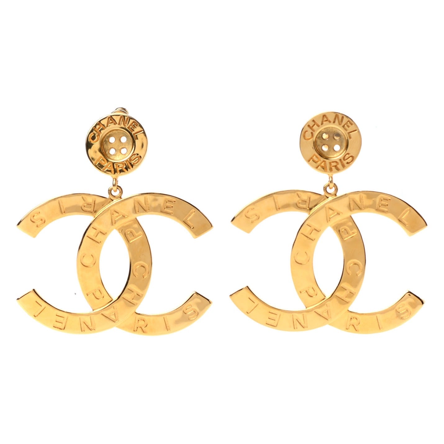 CHANEL Gold Metal Button Oversized CC Logo Dangle Earrings | Dearluxe