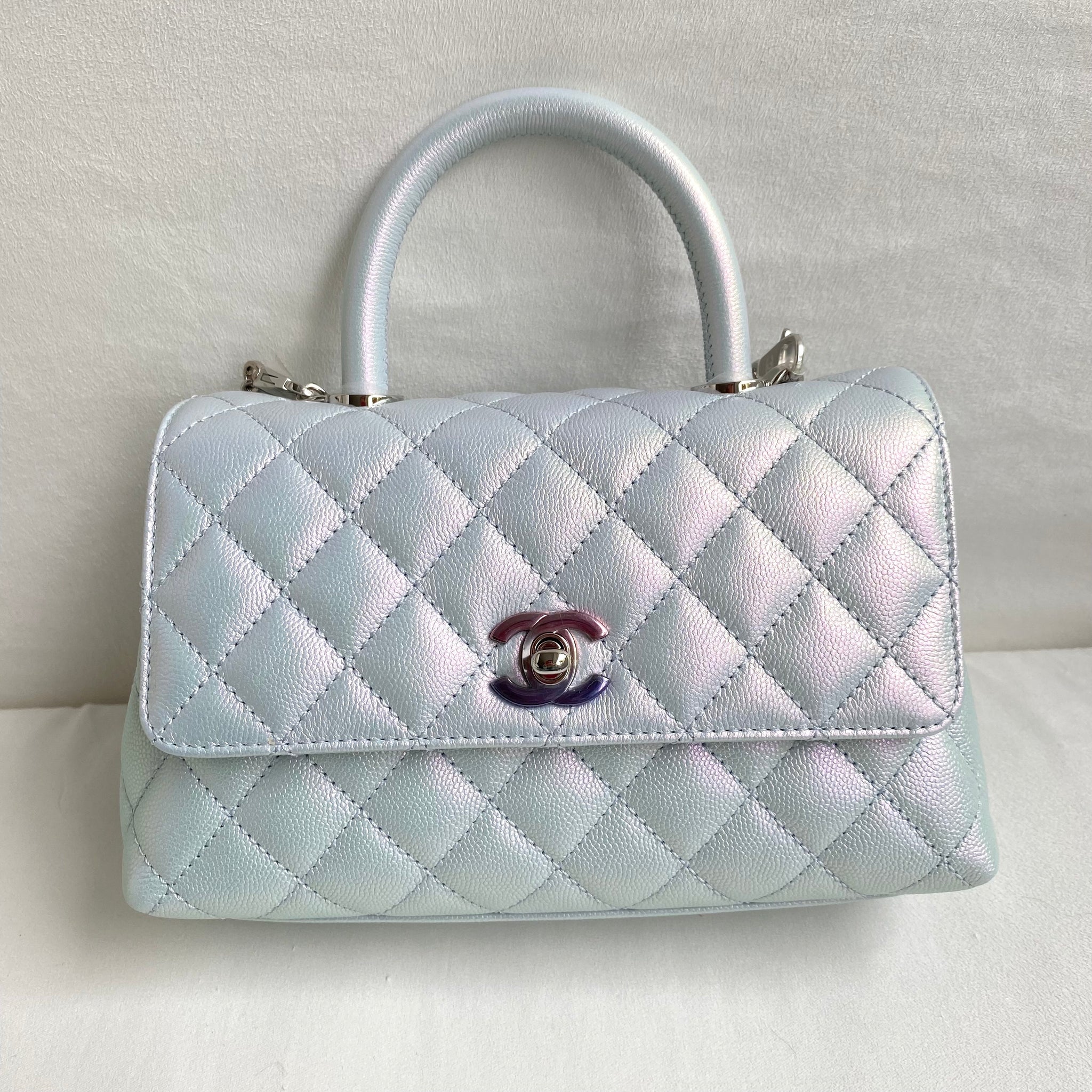 Mini Coco Handle Flap Bag In 21k Iridescent Icy Blue Caviar Dearluxe