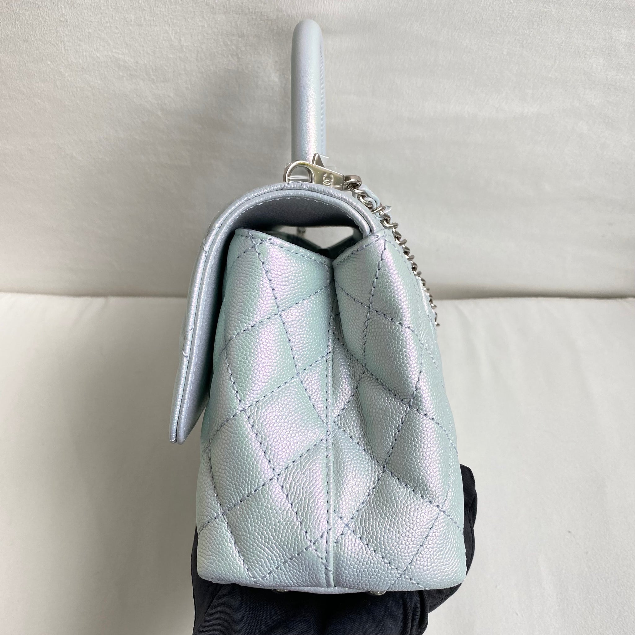 Mini Coco Handle Flap Bag in 21K Iridescent Icy Blue Caviar | Dearluxe