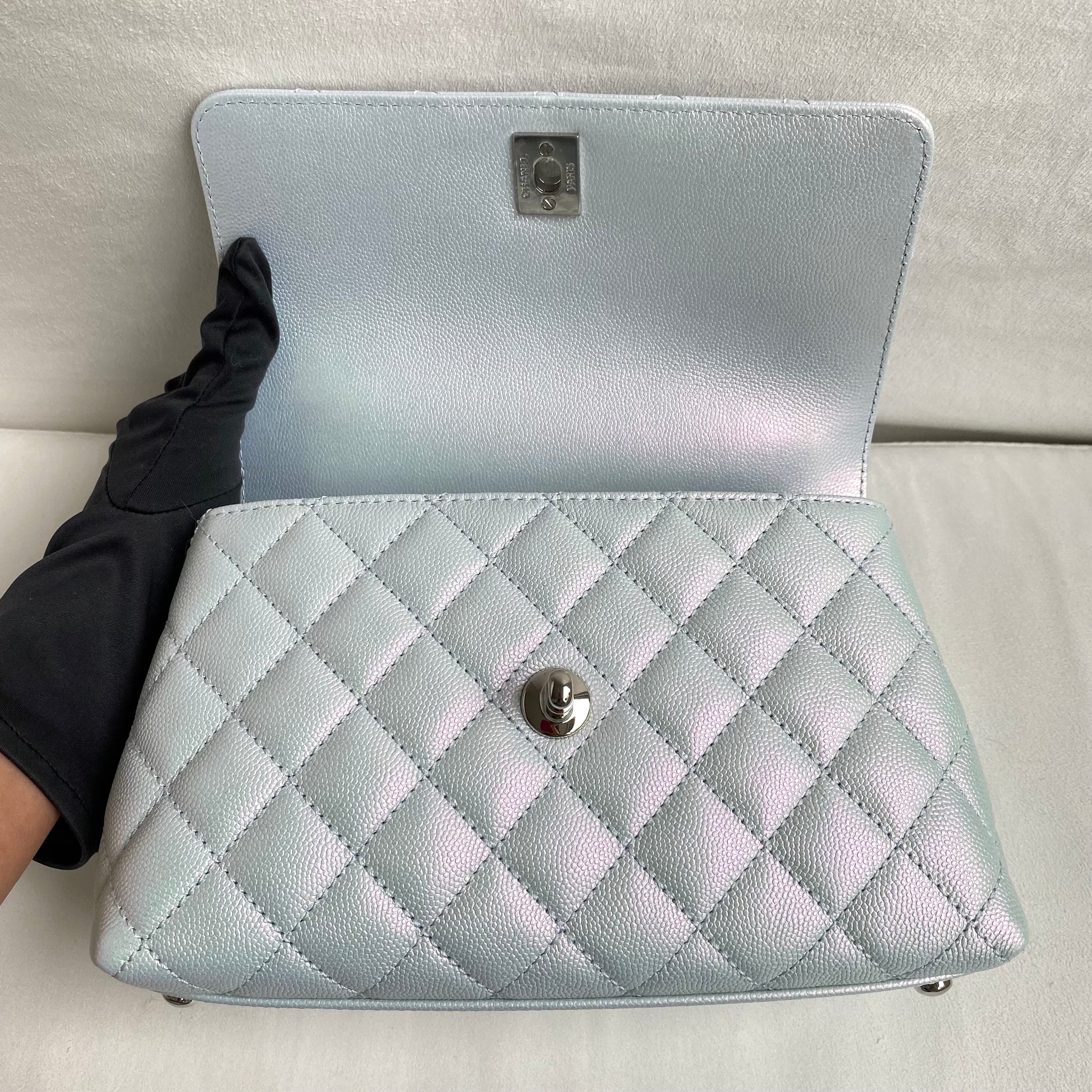 Mini Coco Handle Flap Bag in 21K Iridescent Icy Blue Caviar | Dearluxe