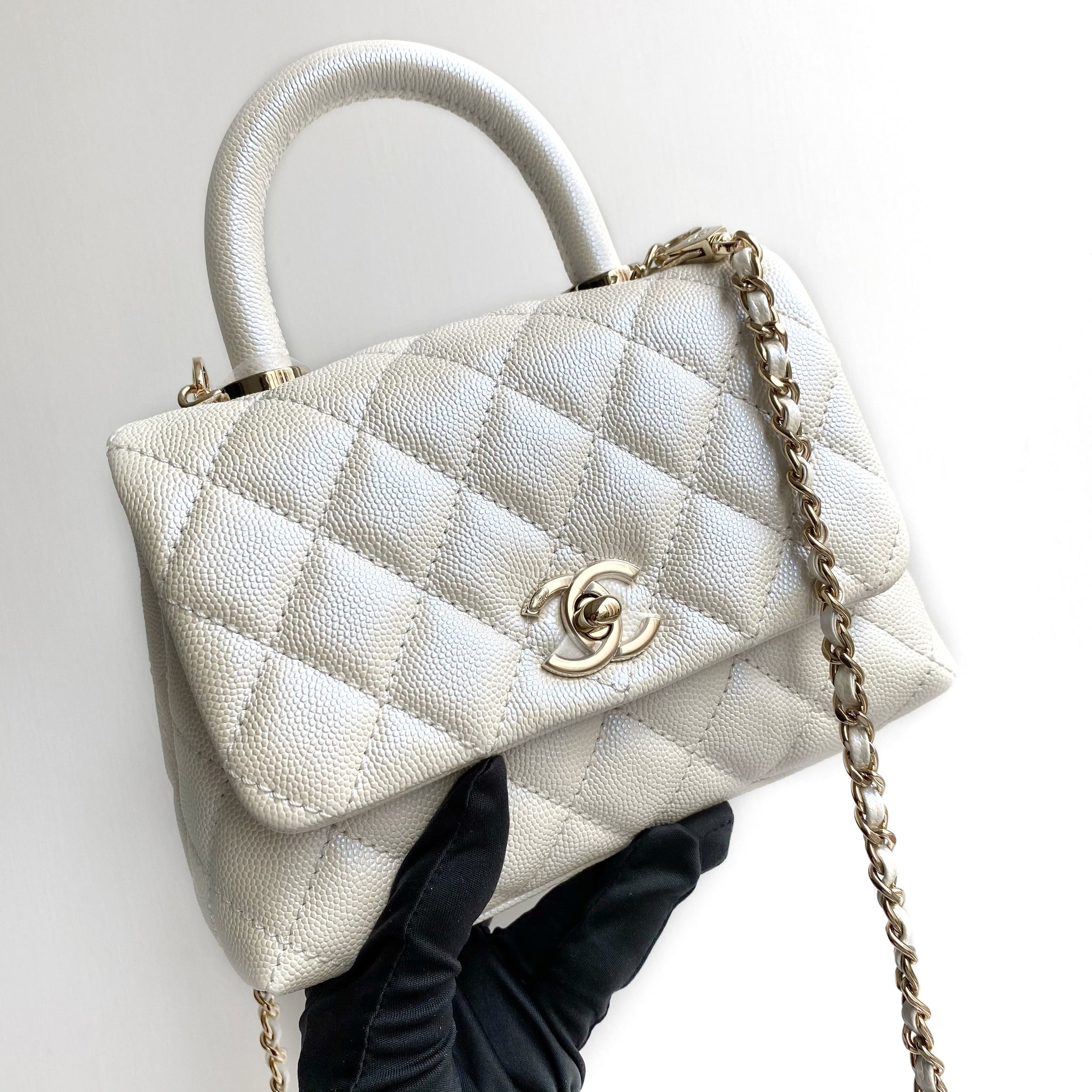 chanel coco handle iridescent white