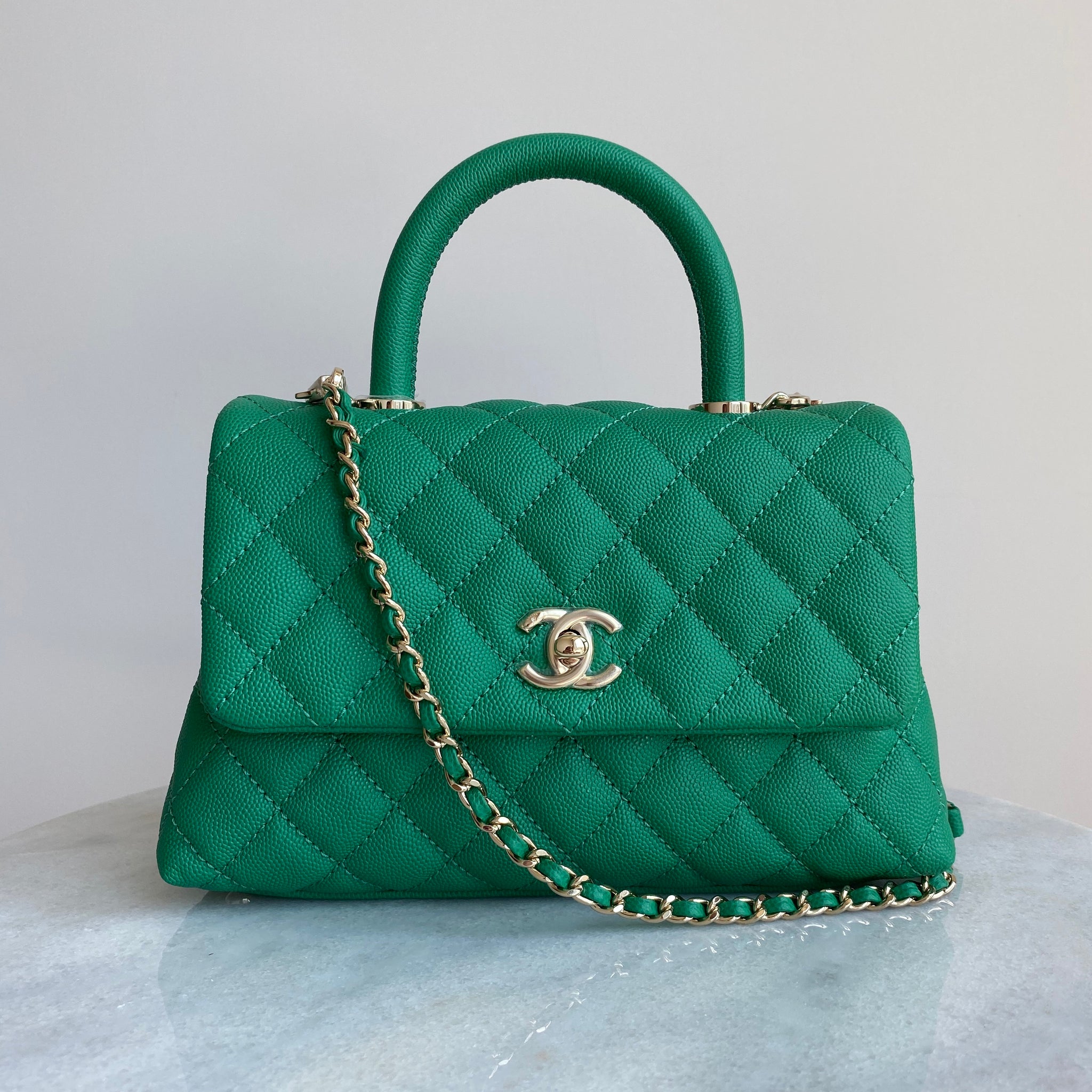 Chanel Mini Coco Handle Flap Bag In Green Caviar Dearluxe