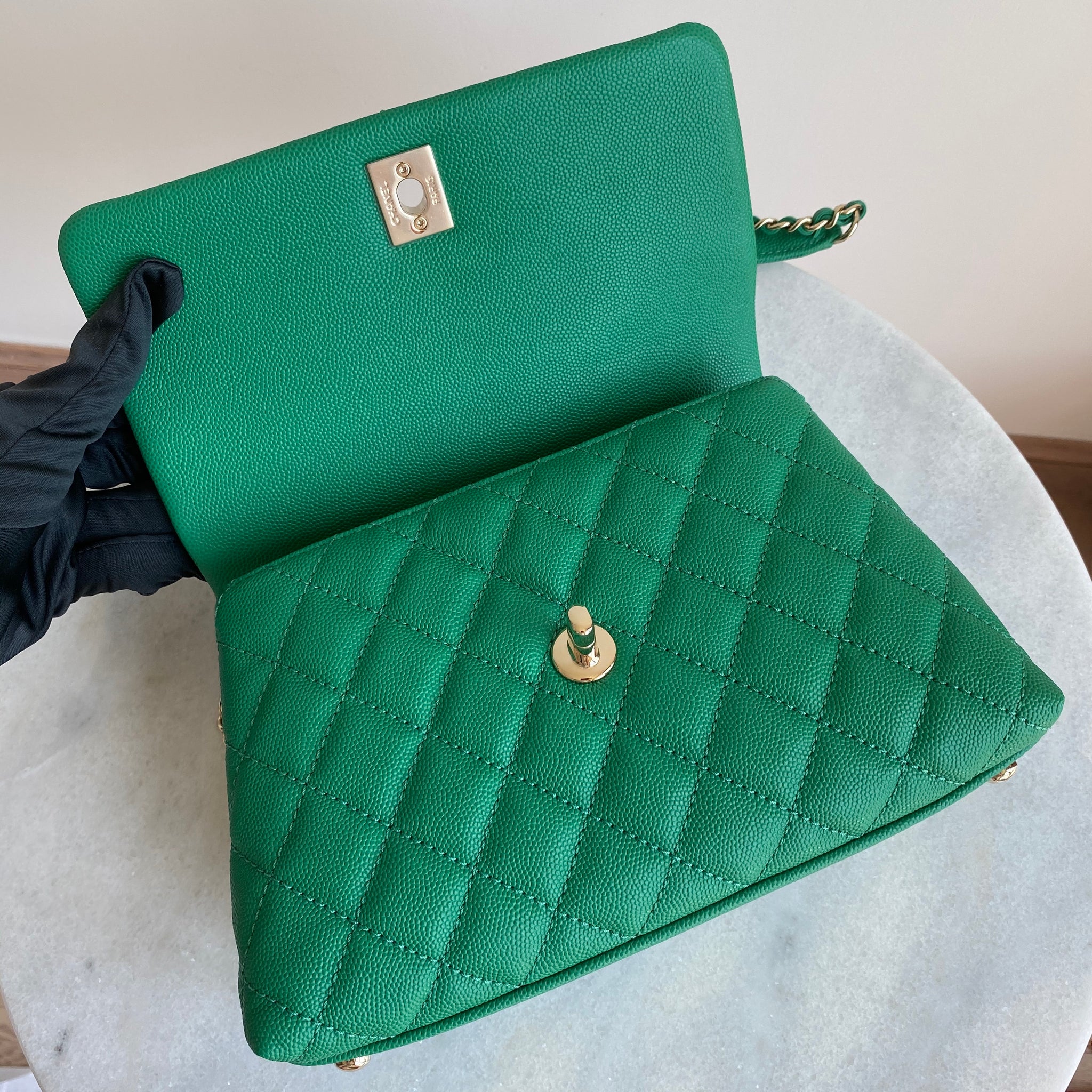 CHANEL Mini Coco Handle Flap Bag in Green Caviar | Dearluxe