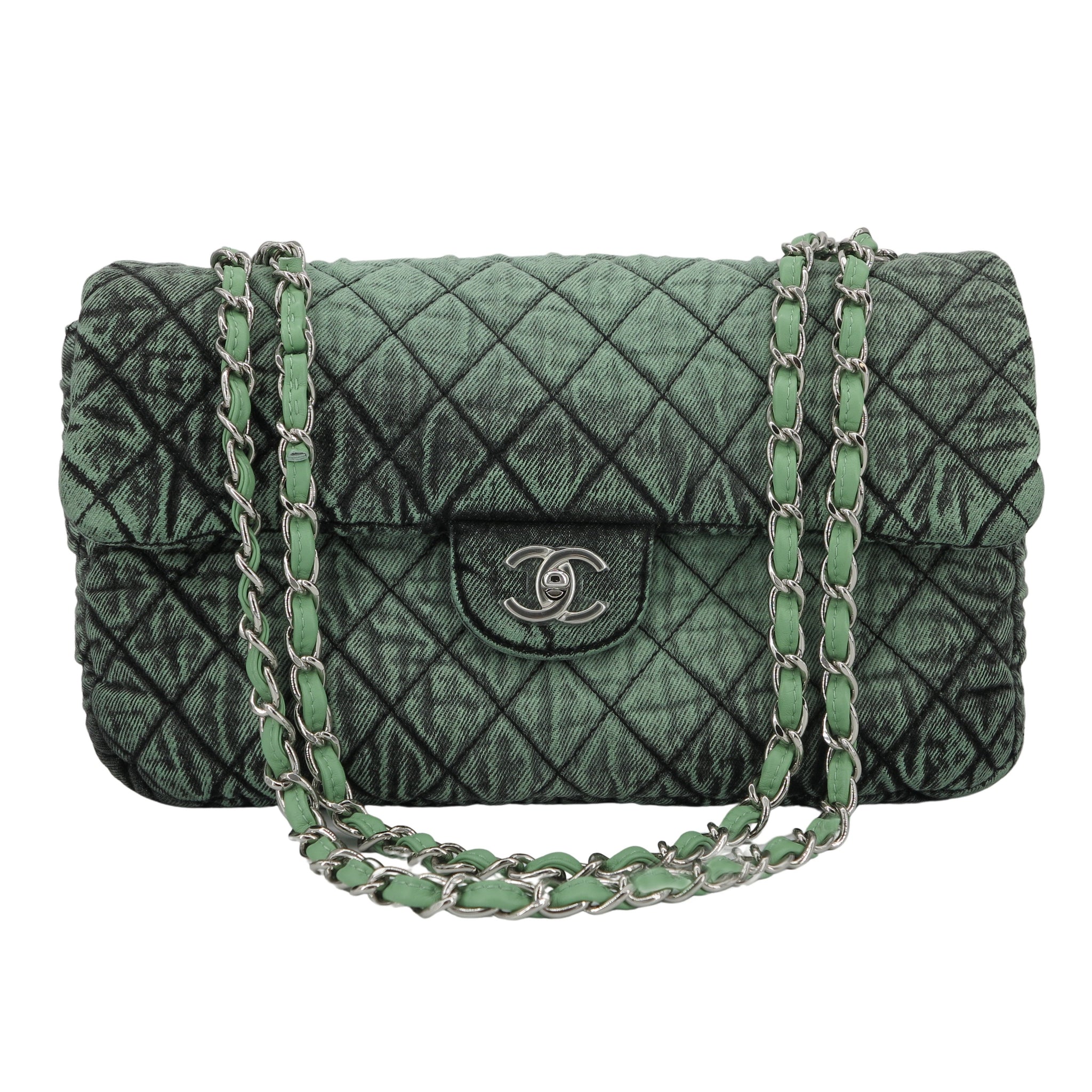 chanel green denim flap bag