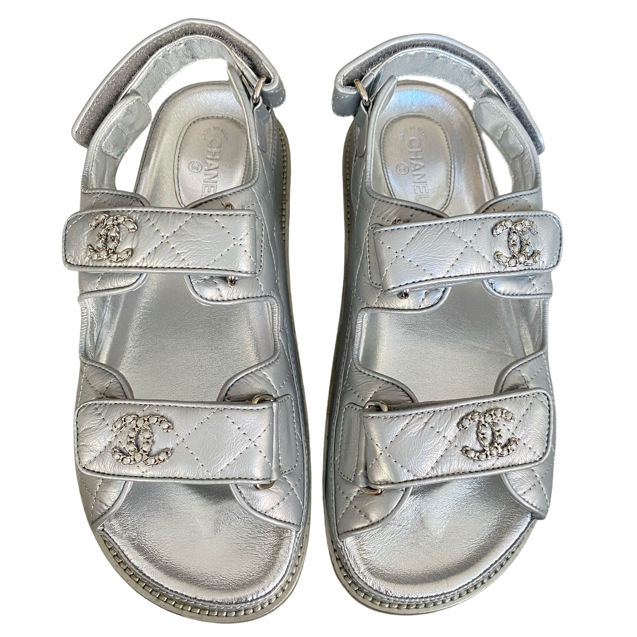 CHANEL Metallic Silver Calfskin CC 'Dad' Velcro Sandals  | Dearluxe