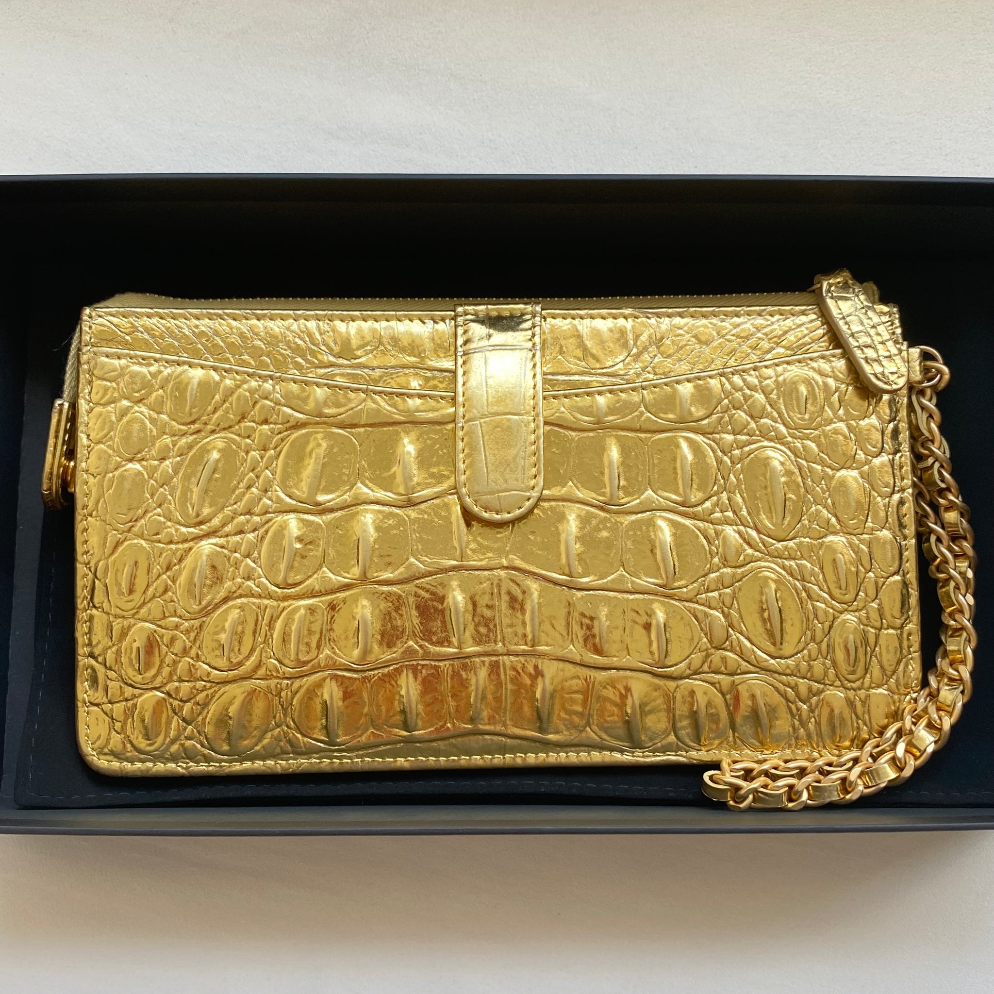 CHANEL Gold Crocodile Emboassed Zippy Wallet Coin Purse | Dearluxe