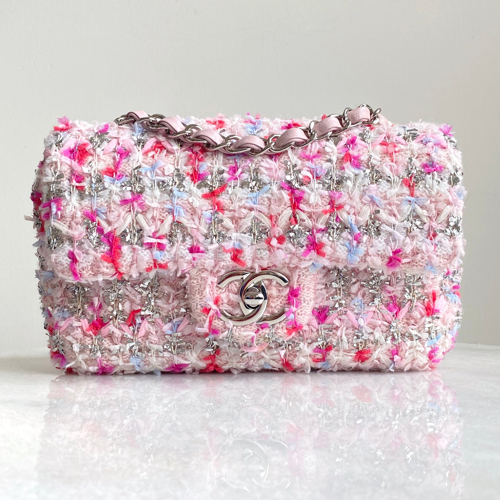 Chanel Pink Knit Fabric Pluto Glitter Medium Flap Bag  Yoogis Closet