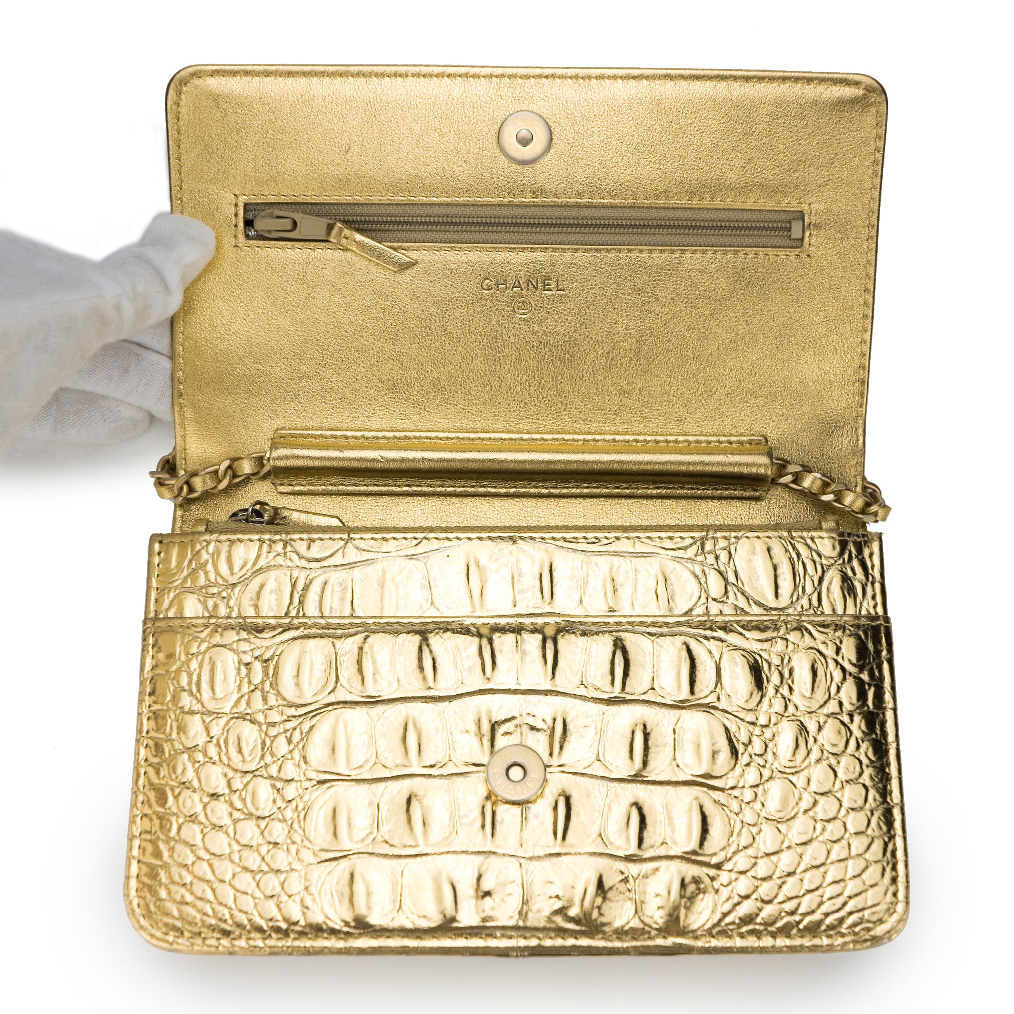 chanel gold croc embossed