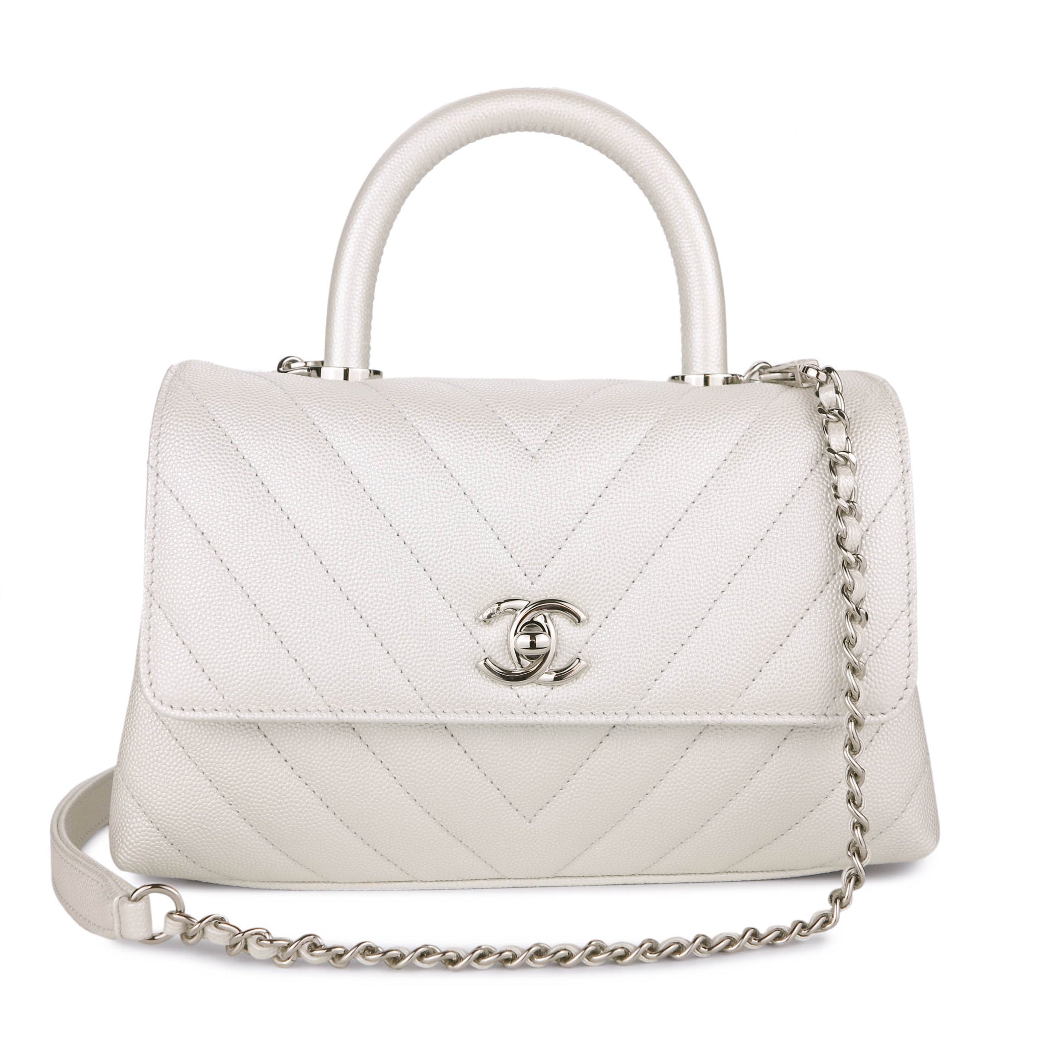 Chanel Mini Chevron Coco Handle Flap Bag In Pearly White Caviar Dearluxe