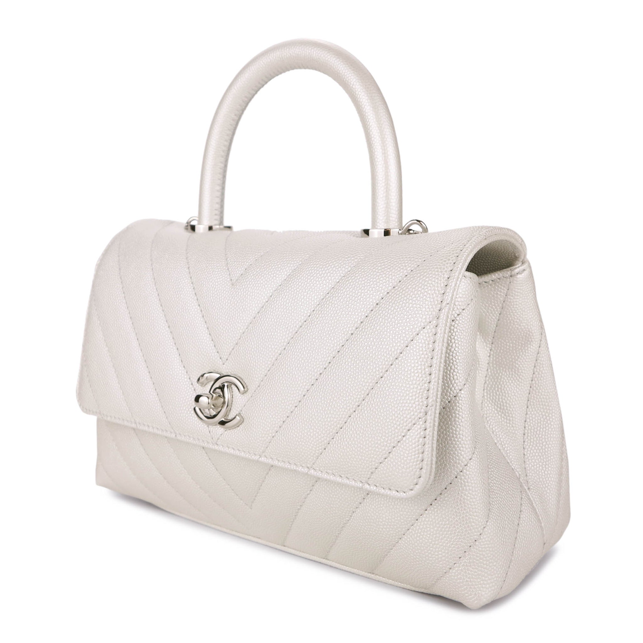 Chanel Mini Chevron Coco Handle Flap Bag In Pearly White Caviar Dearluxe