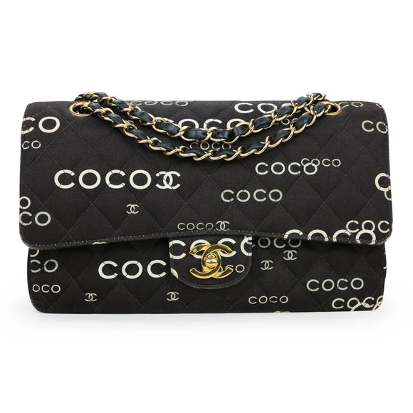 CHANEL Vintage Coco Logo Mania Medium Classic Double Flap Bag in Black  Canvas | Dearluxe