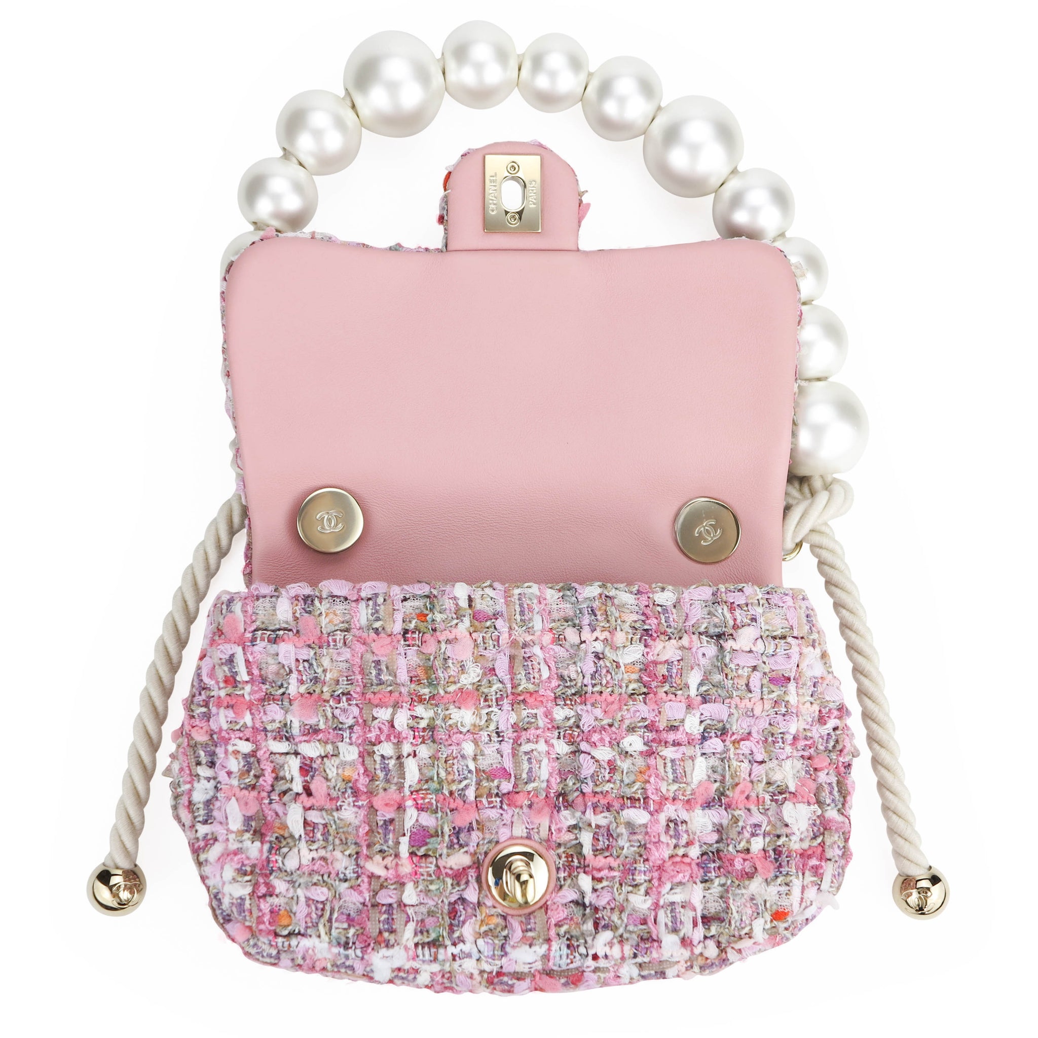 Pink Tweed Mini Pearl Handle Flap Silver Hardware 2019  Handbags   Accessories  The New York Collection  2021  Sothebys