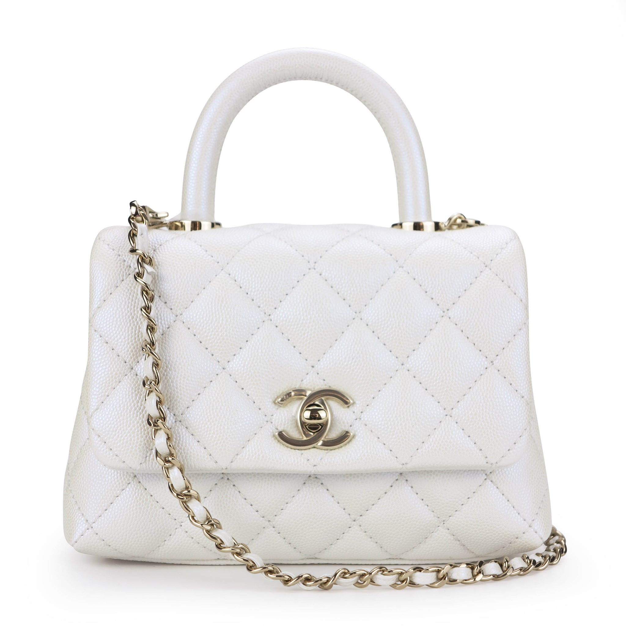 CHANEL Extra Mini Coco Handle Flap Bag in 20K Iridescent White Caviar ...
