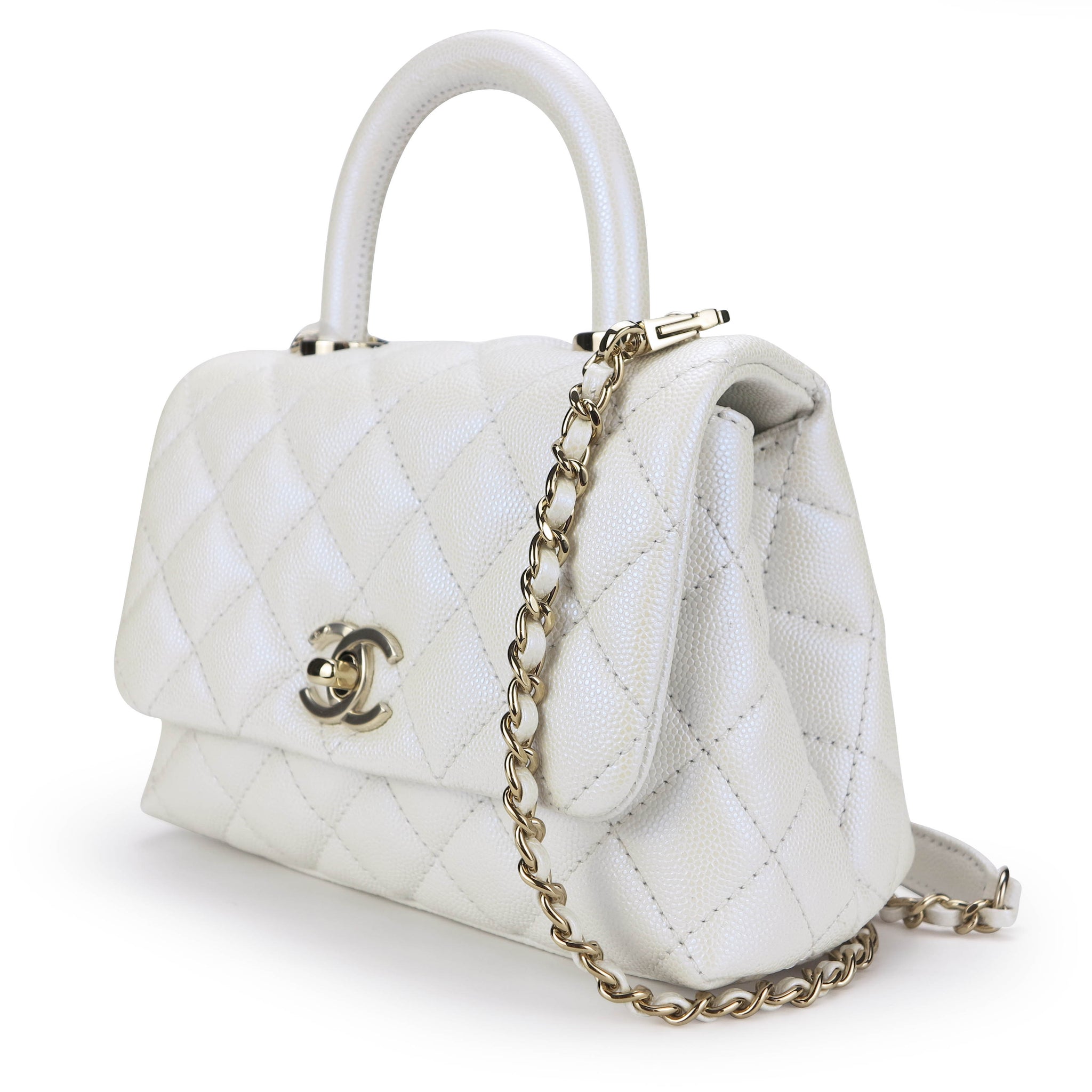 Chanel Extra Mini Coco Handle Flap Bag In k Iridescent White Caviar Dearluxe