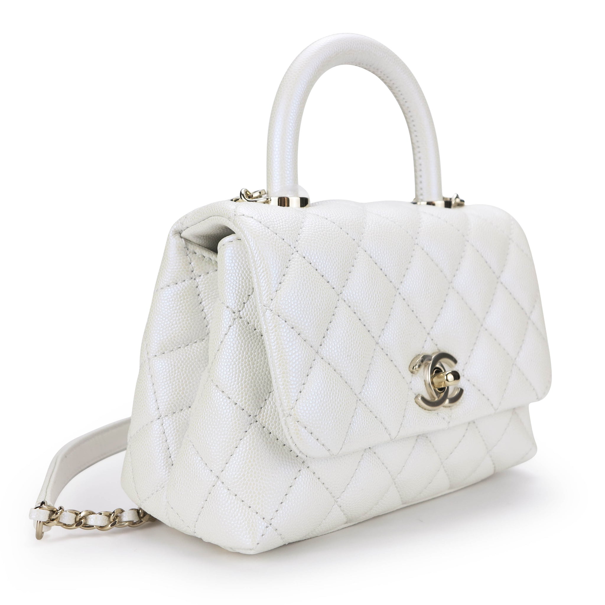 Chanel Extra Mini Coco Handle Flap Bag In k Iridescent White Caviar Dearluxe