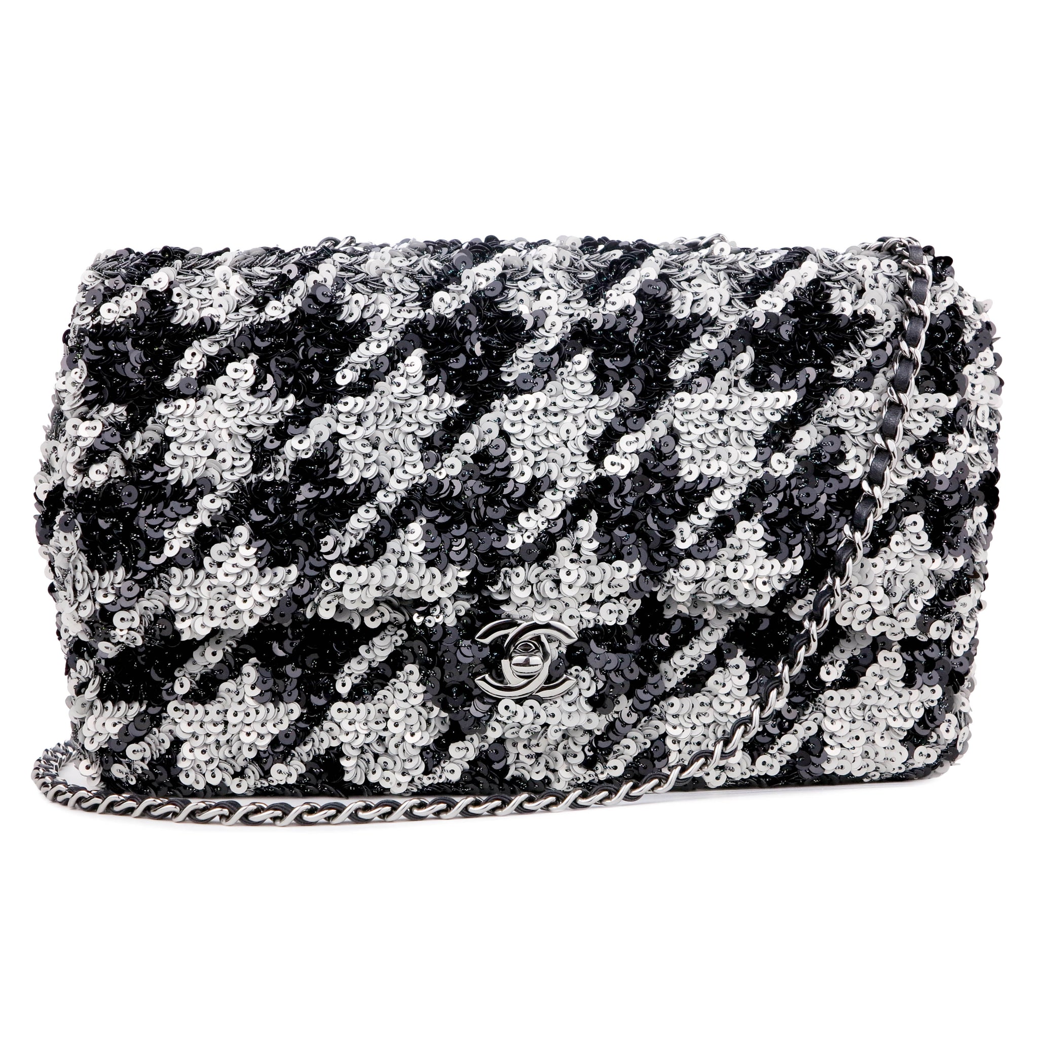 CHANEL Houndstooth Sequin Medium Flap Bag in Silver and Black | Dearluxe