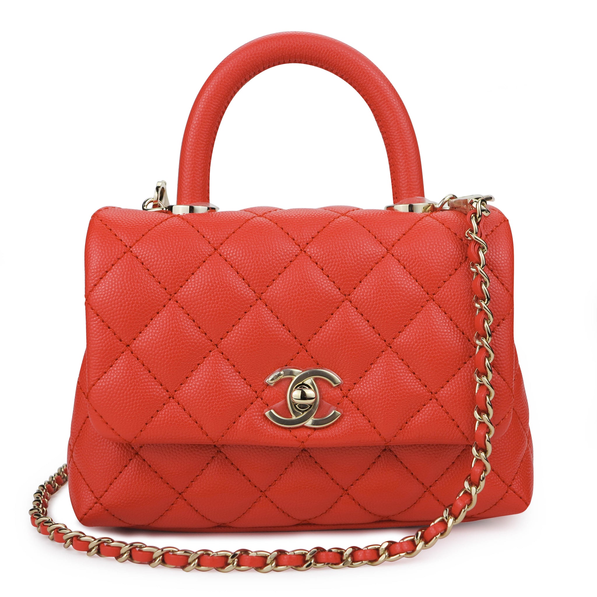 Chanel Mini Coco Handle Flap Bag In Coral Red Caviar Dearluxe