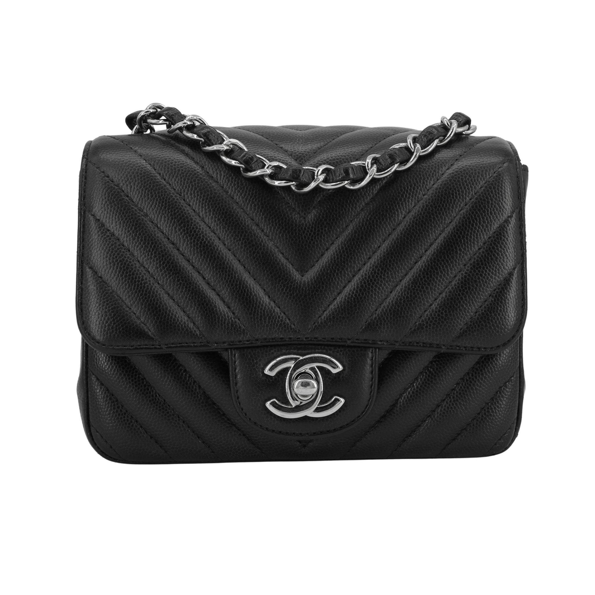 CHANEL Classic Chevron Mini Square Flap Bag in Black Caviar | Dearluxe