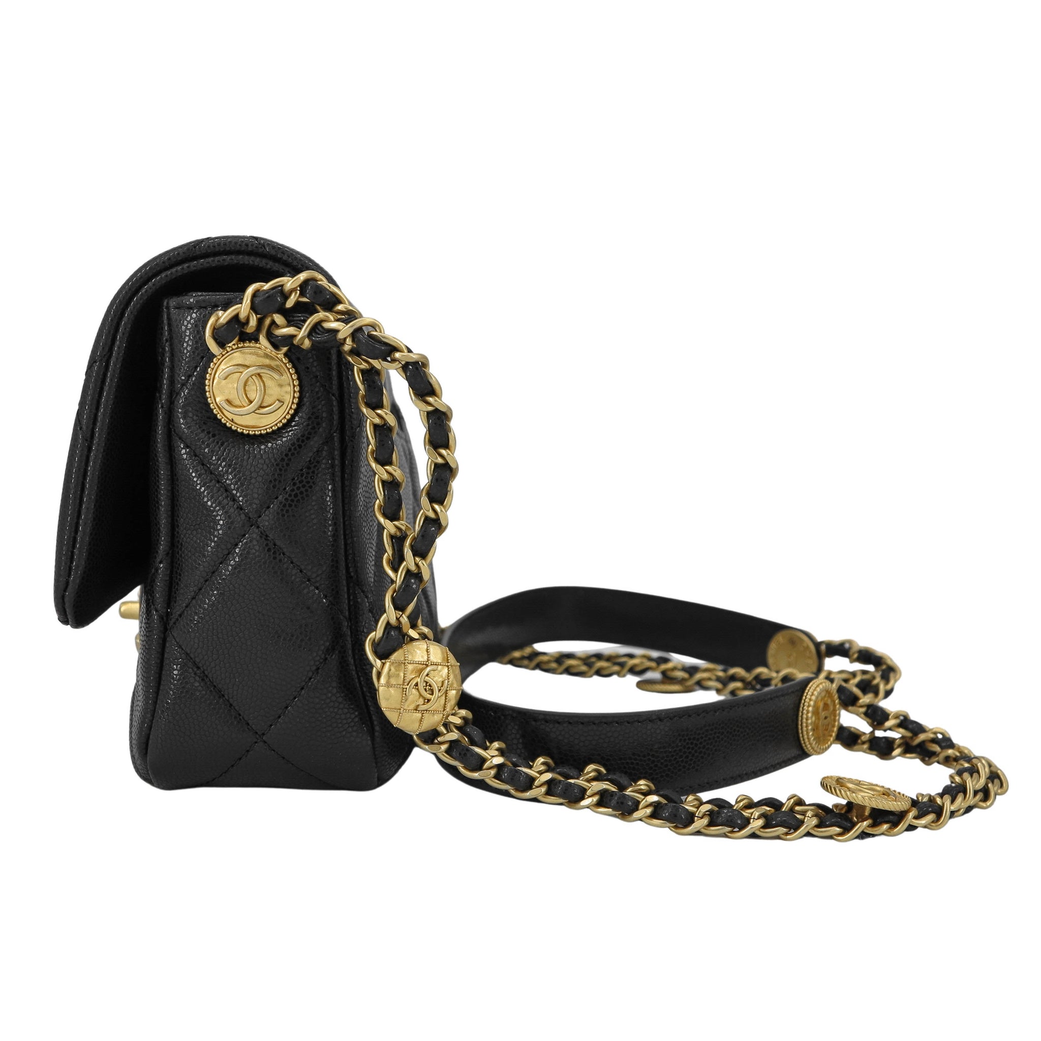 CHANEL 22A Gold Coins Small Flap Bag in Black Caviar | Dearluxe