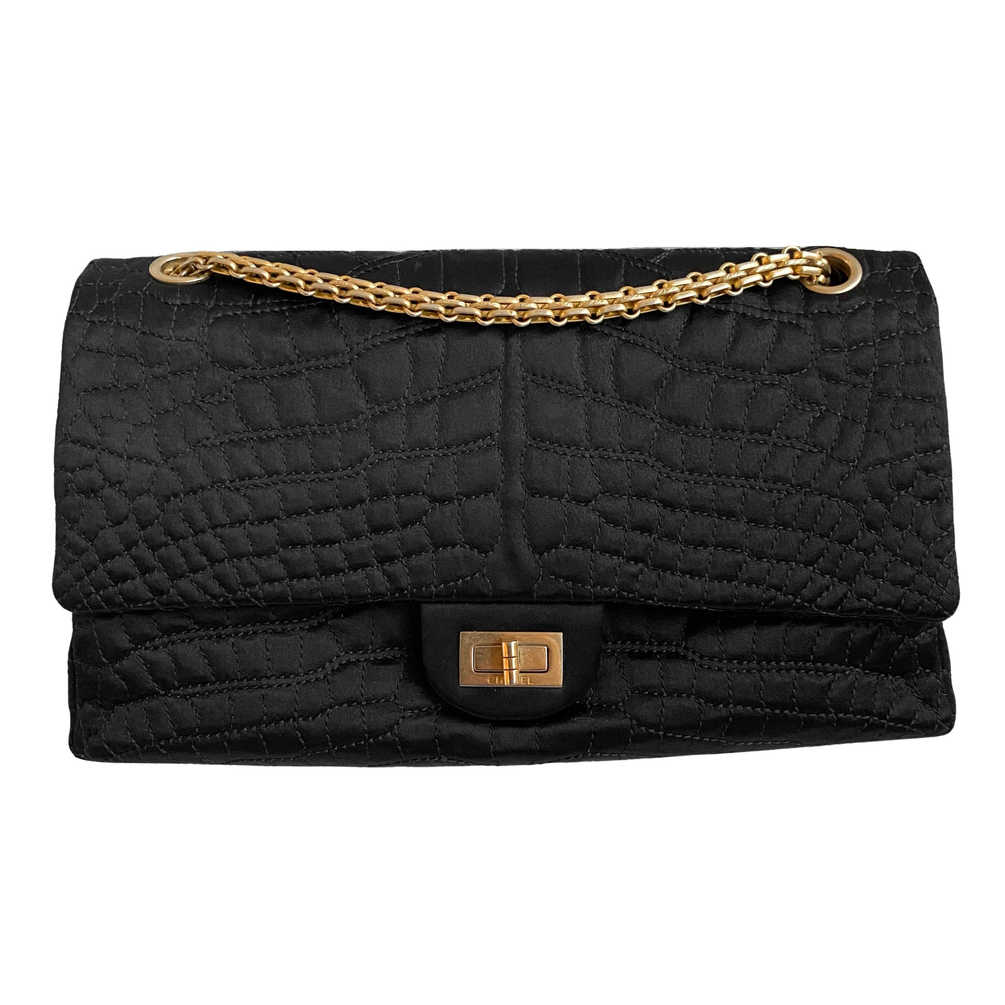 CHANEL Black Satin Croc Embossed  Reissue Flap Bag Size 226 | Dearluxe