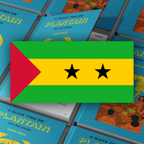 São Tomé and Príncipe flag, set against background of front covers for A Quick Ting On Plantain