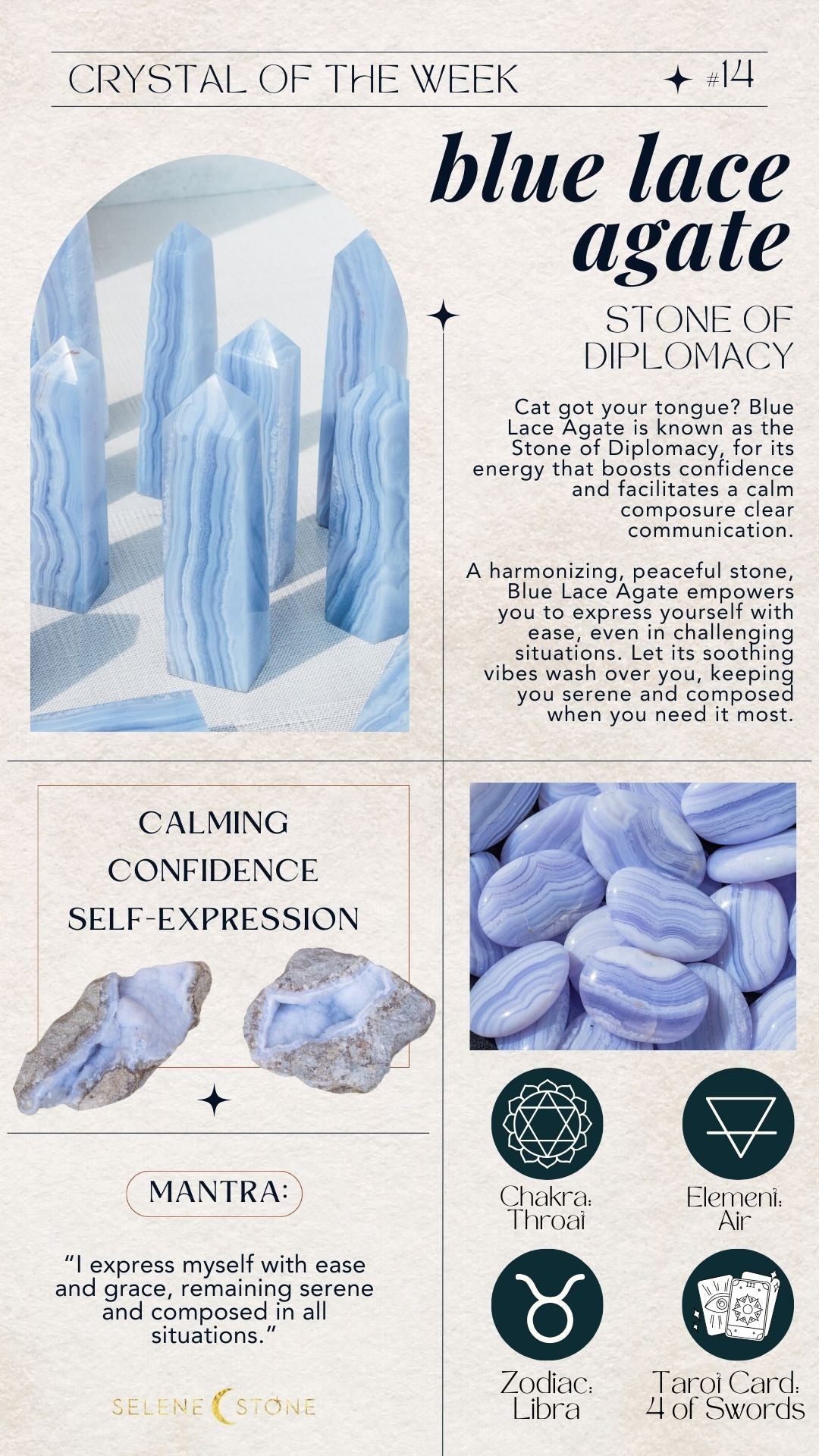 infographic shows blue lace agate crystals and blue lace agate healing properties