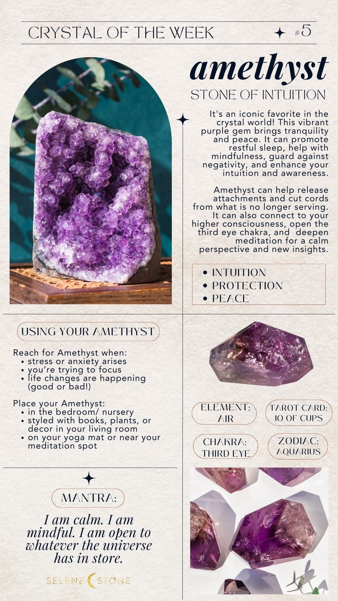 The purple stone gem amethyst is the stone of intuition. Learn about amethyst properties and how to use amethyst benefits for protection, peace, and intuition crystal healing.