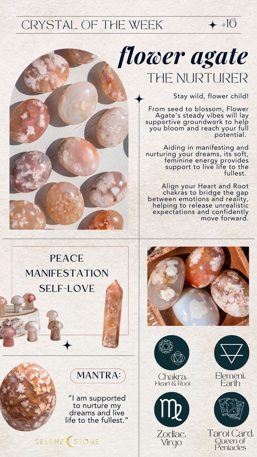 Infographic about flower agate crystal healing properties and benefits of flower agate