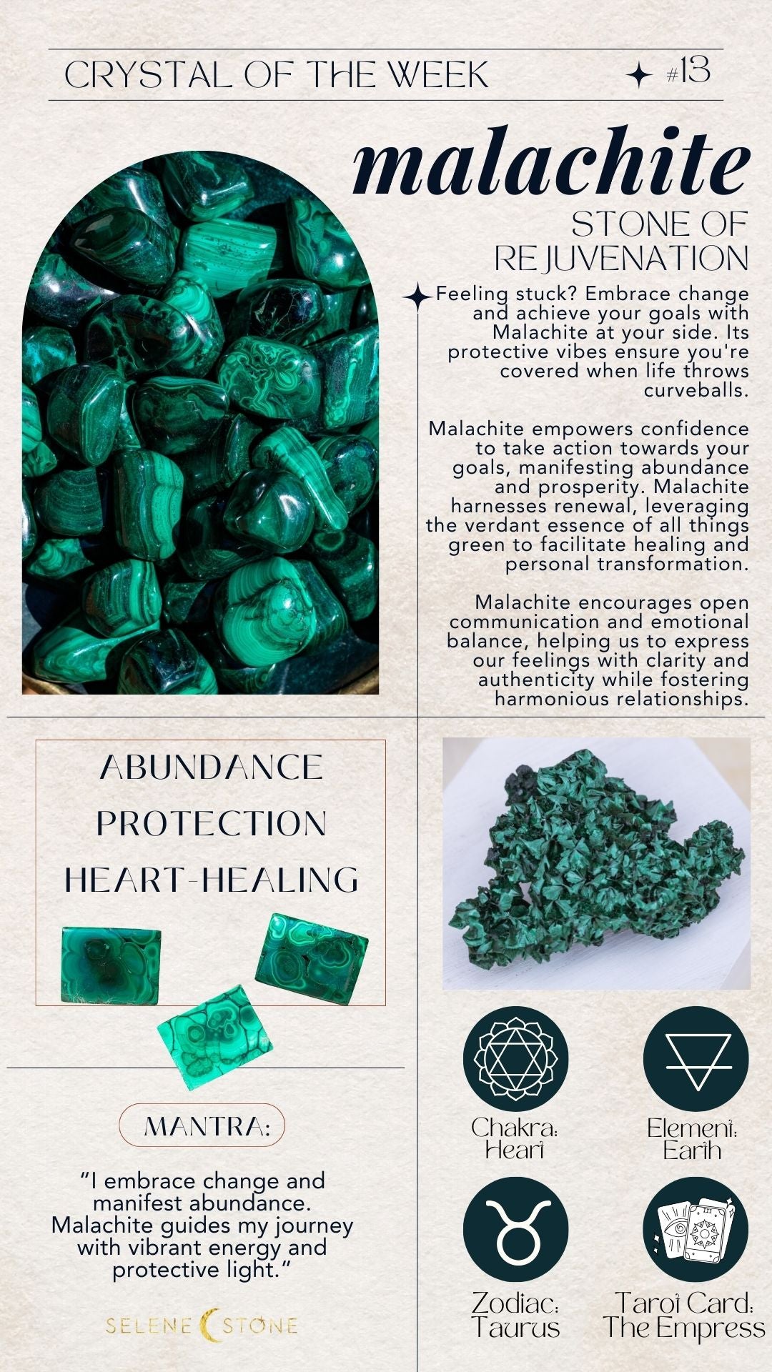 infographic about malachite and its crystal healing properties
