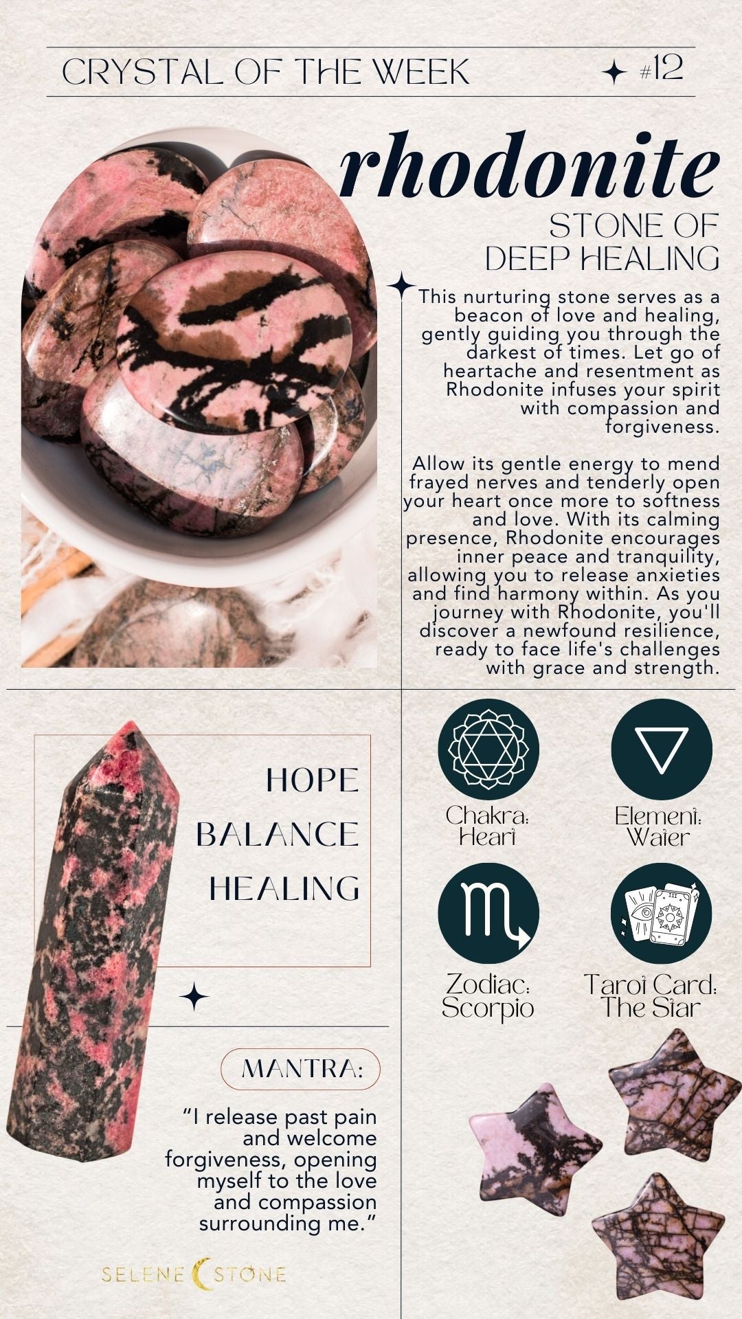 Graphic explains the metaphysical properties of Rhodonite