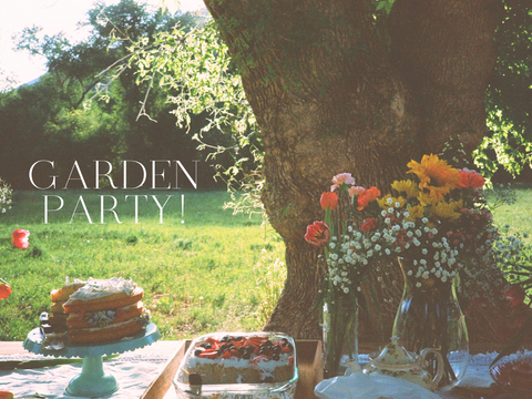 Fun outdoor garden party with flowers cake and drinks